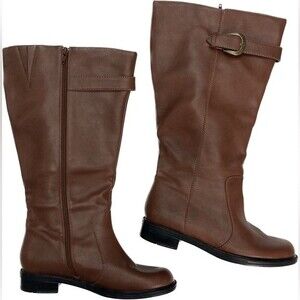 David Tate Knee High Boots SZ 7.5W Brown Adjustable Calf Buckle Zip Up EUC